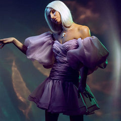 Asymmetrisches, ausgestelltes Minikleid mit herzförmigem Ausschnitt und Puffärmeln - Pink