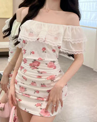 Package Hips Ruched Mini Dress Off Shoulder Lace Beach Dress Floral Print Party Dress