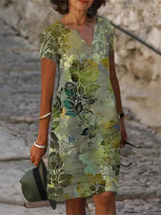 Short Sleeve V-Neck Midi Dress