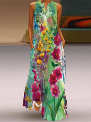 Printed V-Neck Sleeveless Long Skirt With Pocket European Dress