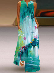 Printed V-Neck Sleeveless Long Skirt With Pocket European Dress