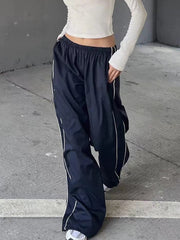 Marineblaue Retro Sport Baggy Pants mit Streifen