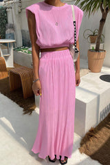 Schickes, gerafftes Schulterpolster, kurzer Rock mit hoher Taille, zweiteiliges Maxikleid - Rosa