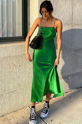 Chic Square Neck Spaghetti Strap High Split Slip Midi Dress - Green