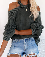 Cool Breeze Cotton Cold Shoulder Sweater - Washed Black