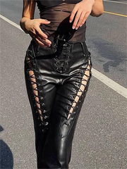 Schwarze Vintage-Hose aus PU-Leder mit Cut-Out
