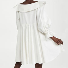 Süßes Chelsea-Kragen V-Ausschnitt Ballonärmel Babydoll Minikleid - Weiß