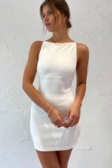 Elegant High Boat Neck Sleeveless Bodycon Mini Dress - White