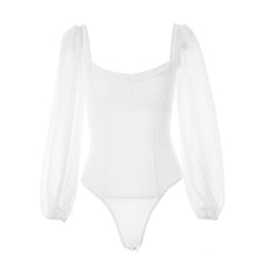 Elegant High Cut Mesh Puff Sleeves Sweetheart Bodysuit - White