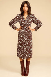 Floral Print Long Sleeve Button Up French Shirt Midi Dress - Coffee