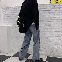 Blaue Grunge Ästhetische Gravur Dornen Print Lose Jeans