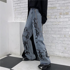 Blaue Grunge Ästhetische Gravur Dornen Print Lose Jeans