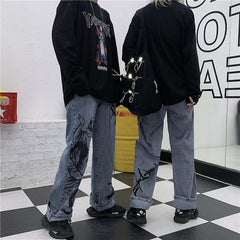 Blaue Grunge Ästhetische Gravur Dornen Print Lose Jeans