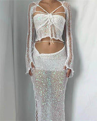 Schillerndes, langes Häkelrock-Set