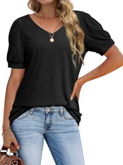 T-Shirt V-Neck Loose Short Sleeve High Stretch Casual Puff Sleeve Top