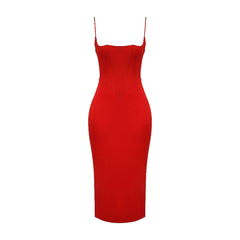 Square Neck Spaghetti Strap Satin Slip Midi Dress - Red
