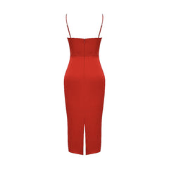 Square Neck Spaghetti Strap Satin Slip Midi Dress - Red