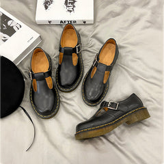 Handmade Retro Waxing Flat Mary Jane Shoes Round Toe Black/Brown/Black1/White