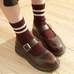 Vintage Buckle Leather Mary Janes Shoes - Flats