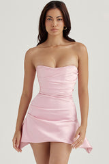 Seidiges Satin-Korsett-Trägerloses Party-Minikleid mit Plisseebesatz - Rosa