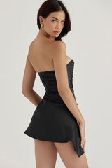 Seidiges Satin-Korsett-Trägerloses Party-Minikleid mit Plisseebesatz - Schwarz