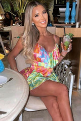 Seidiges Satin-Sommer-Patchwork-Rüschen-V-Ausschnitt-Mini-Sommerkleid - Blumen