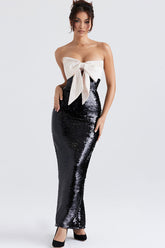 Glitzerndes, übergroßes, trägerloses, formelles Maxikleid mit Schleife und Pailletten - Schwarz