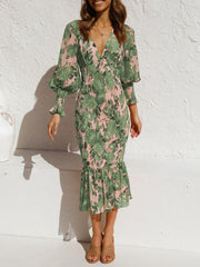 Elastic Waist Printed Ruffle Skirt Long Sleeve Dress