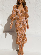 Elastic Waist Printed Ruffle Skirt Long Sleeve Dress