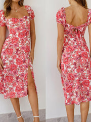 Straight Neck Printed Split Dress
