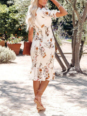 Printed V-neck Elastic Waist Ruffle Dress