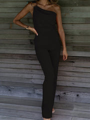 One Shoulder Solid Color One-piece Casual Pants