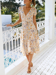 V-neck Bandage Holiday Casual Print Dress