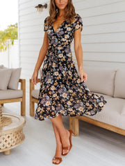 V-neck Bandage Holiday Casual Print Dress
