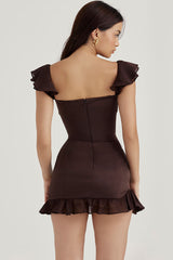 Swingy Chiffon Rüschen Bustier Satin Slip Party Minikleid - Schokolade