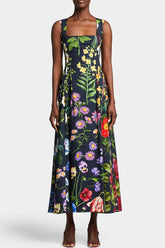 Ärmelloses Midikleid mit Perlenbesatz und Blumenmuster im Vintage-Stil für den Strandurlaub - Schwarz