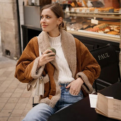 Vintage Kragen Patch Tasche Langarm Faux Shearling Jacke - Braun