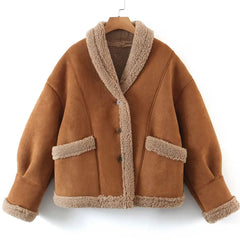 Vintage Kragen Patch Tasche Langarm Faux Shearling Jacke - Braun