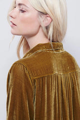 Vintage Samt Minikleid mit Kragen und V-Ausschnitt und langen Ärmeln - Khaki