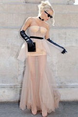 Vintage Dotted Mesh Peplum Strapless Maxi Evening Dress - Khaki