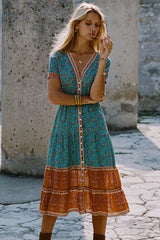 Vintage Blumendruck Empire Taille Boho Kleid - Teal Blue