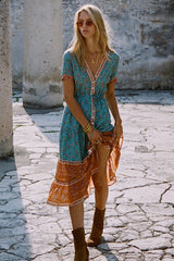 Vintage Blumendruck Empire Taille Boho Kleid - Teal Blue