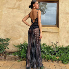 Vintage Polka Dot Wasserfallausschnitt Floss Strap Transparentes Maxikleid - Schwarz