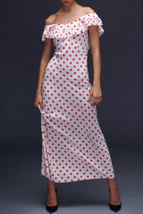 Vintage Polka Dot Bedrucktes Rüschen Schulterfreies Sommer Midi Sommerkleid - Weiß