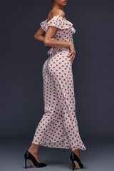 Vintage Polka Dot Bedrucktes Rüschen Schulterfreies Sommer Midi Sommerkleid - Weiß