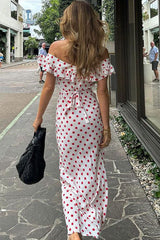 Vintage Polka Dot Bedrucktes Rüschen Schulterfreies Sommer Midi Sommerkleid - Weiß