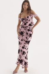 Vintage Rüschen Spitzenbesatz Mesh Hohe Taille Zweiteiliges Maxikleid - Blumen