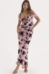 Vintage Rüschen Spitzenbesatz Mesh Hohe Taille Zweiteiliges Maxikleid - Blumen