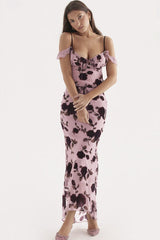 Vintage Rüschen Spitzenbesatz Mesh Hohe Taille Zweiteiliges Maxikleid - Blumen