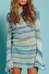 Vintage Space Dyed Gestreiftes Minikleid mit Glockenärmeln und offenem Rücken - Blau